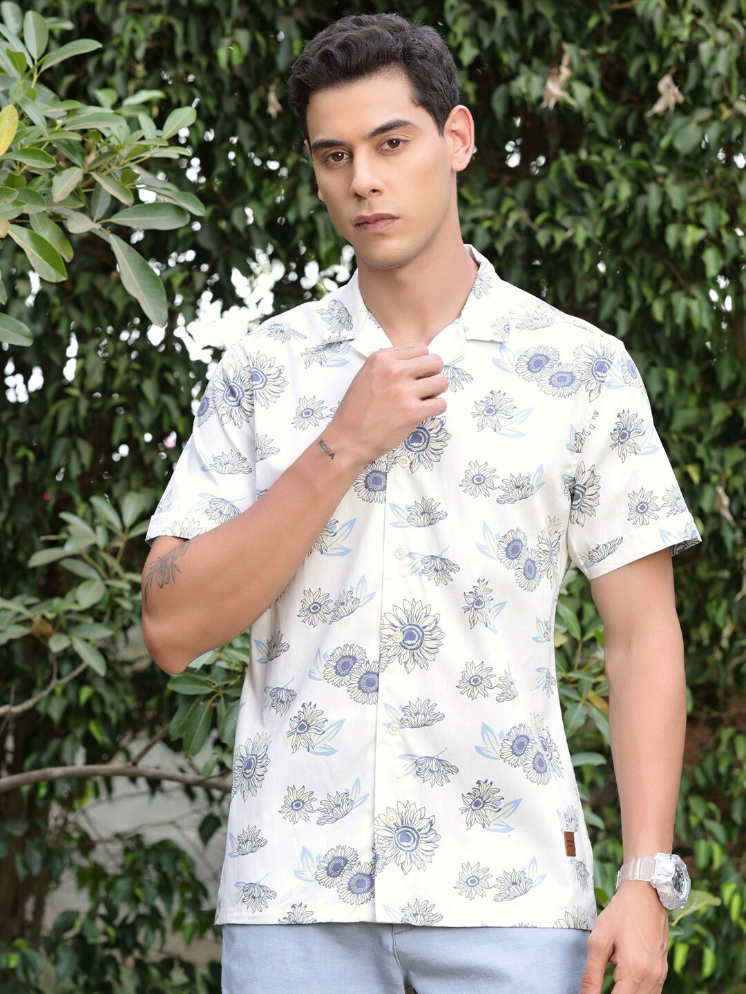 

Provogue Slim Fit Cuban Collar Floral Printed Cotton Casual Shirt, Yellow