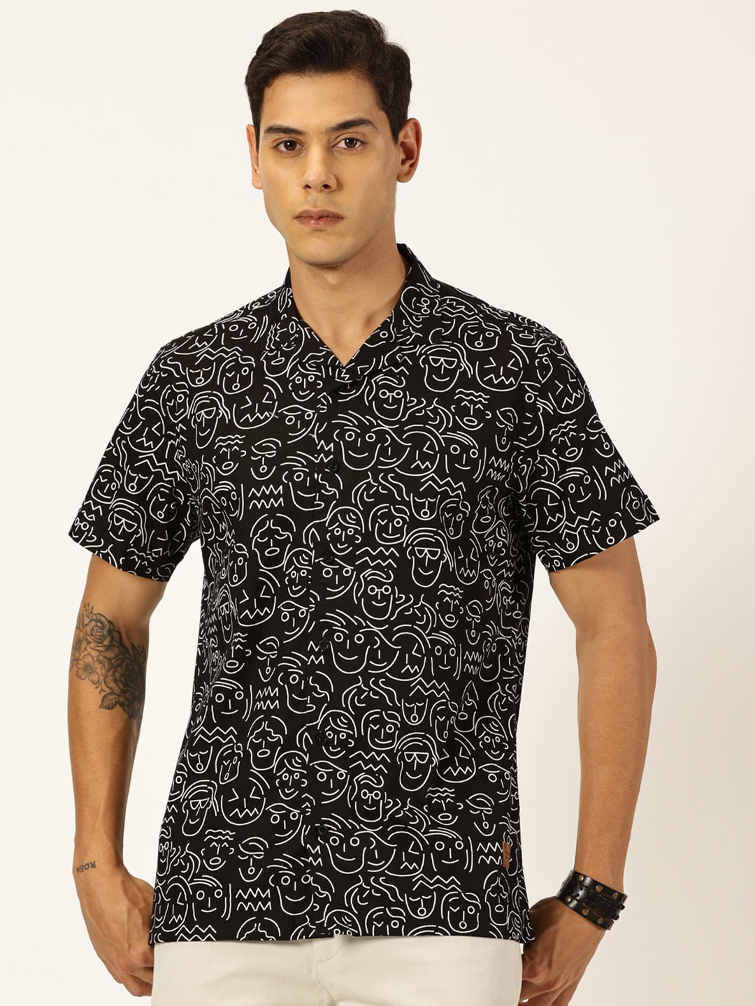 

Provogue Slim Fit Cuban Collar Floral Printed Cotton Casual Shirt, Black