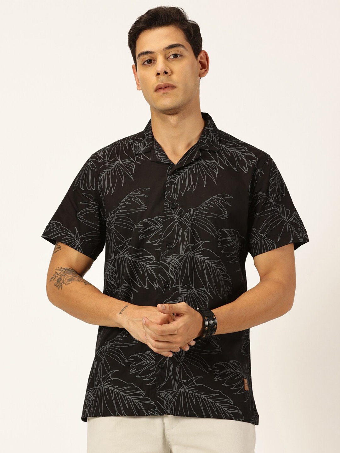 

Provogue Slim Fit Cuban Collar Floral Printed Cotton Casual Shirt, Black