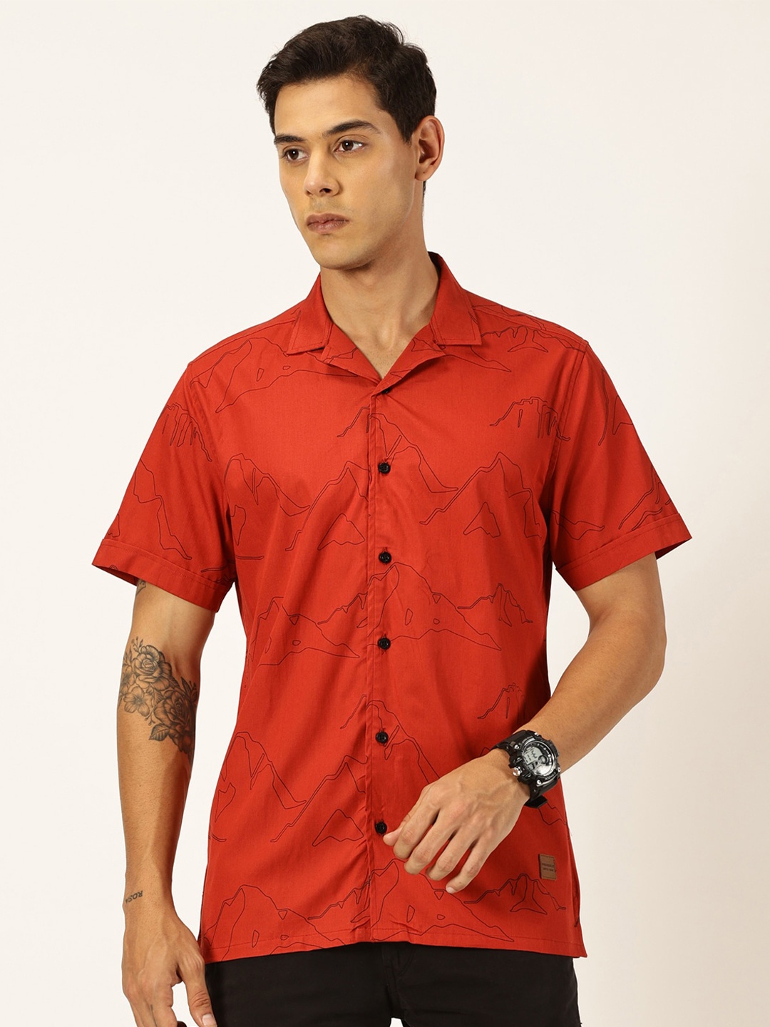 

Provogue Slim Fit Cuban Collar Cotton Casual Shirt, Red