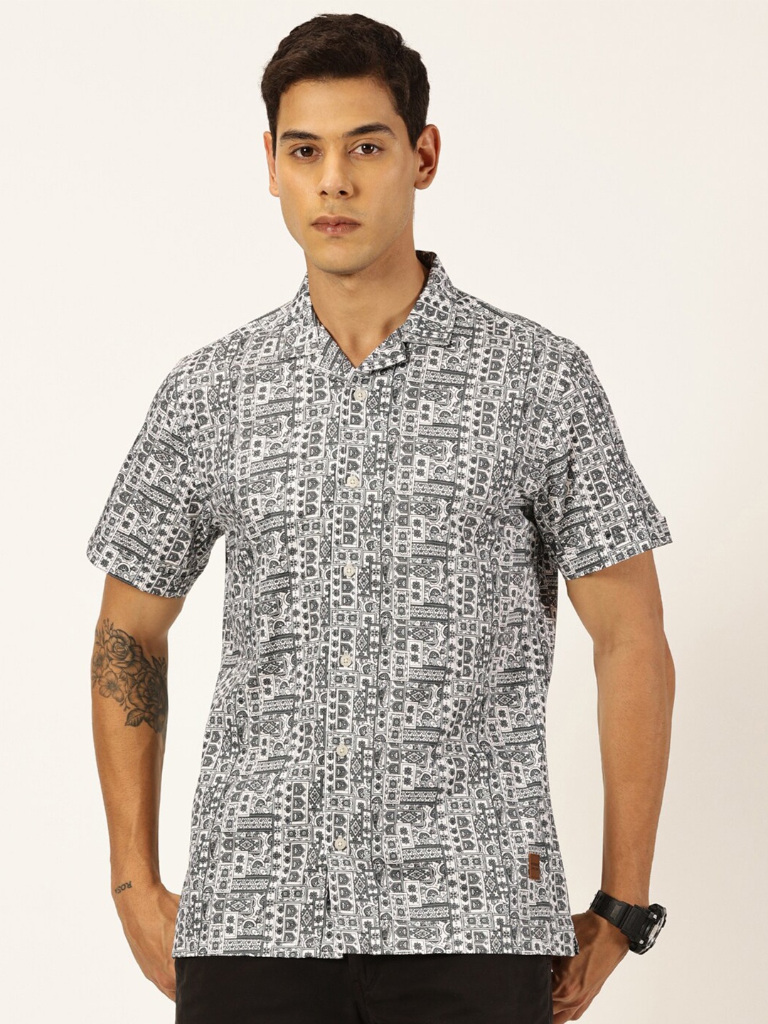 

Provogue Slim Fit Cuban Collar Printed Cotton Casual Shirt, Grey