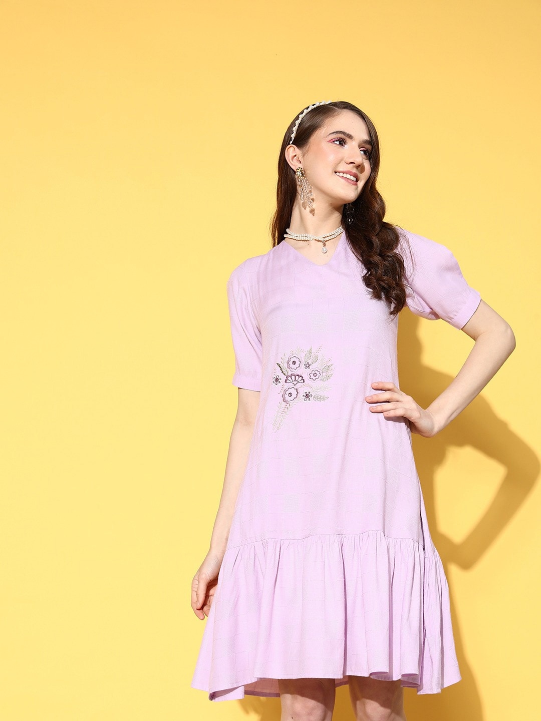 

KALINI V-Neck Short Sleeves Embroidered Fit and Flare Dress, Lavender
