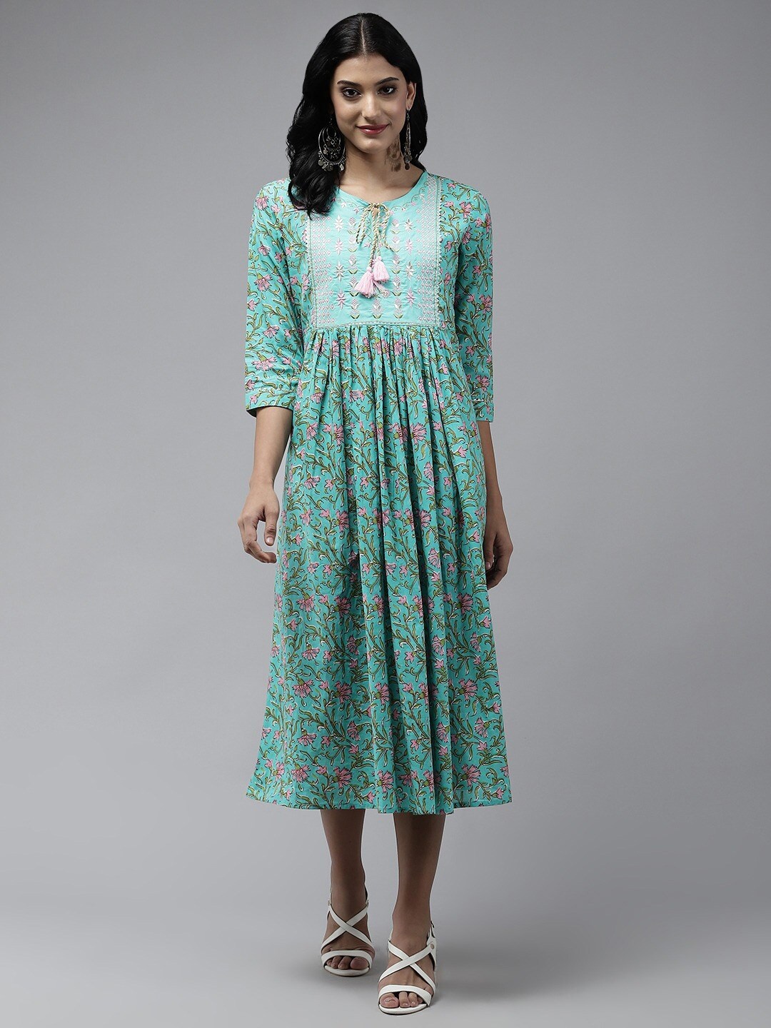 

KALINI Floral Printed Round Neck Cotton A-Line Midi Dress, Sea green