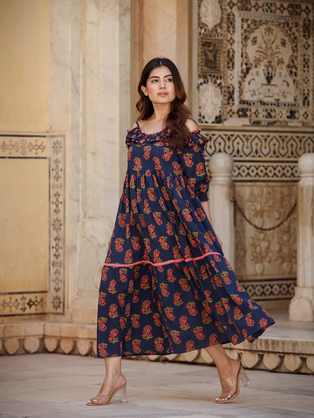 

KALINI Floral Printed Cold-Shoulder Sleeves Cotton Maxi Dress, Navy blue