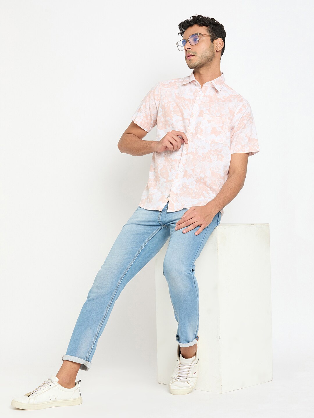 Club York Floral Printed Spread Collar Short Sleeves Cotton Casual Shirt, Peach