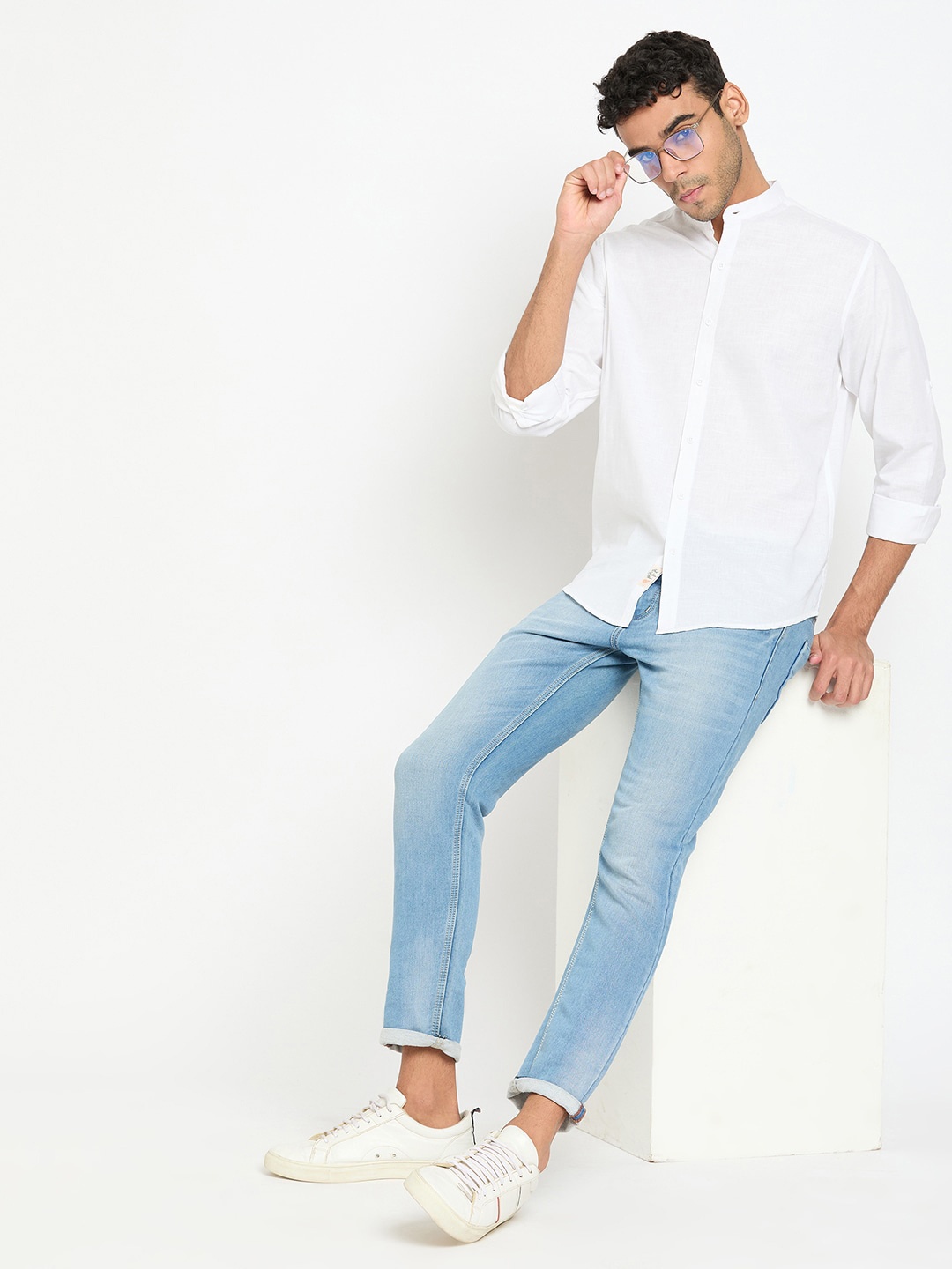 

Club York Mandarin Collar Long Sleeves Cotton Casual Shirt, White