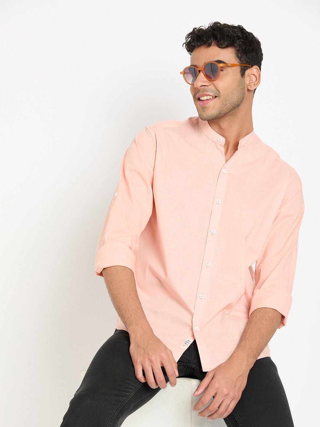 

Club York Mandarin Collar Short Sleeves Cotton Casual Shirt, Peach