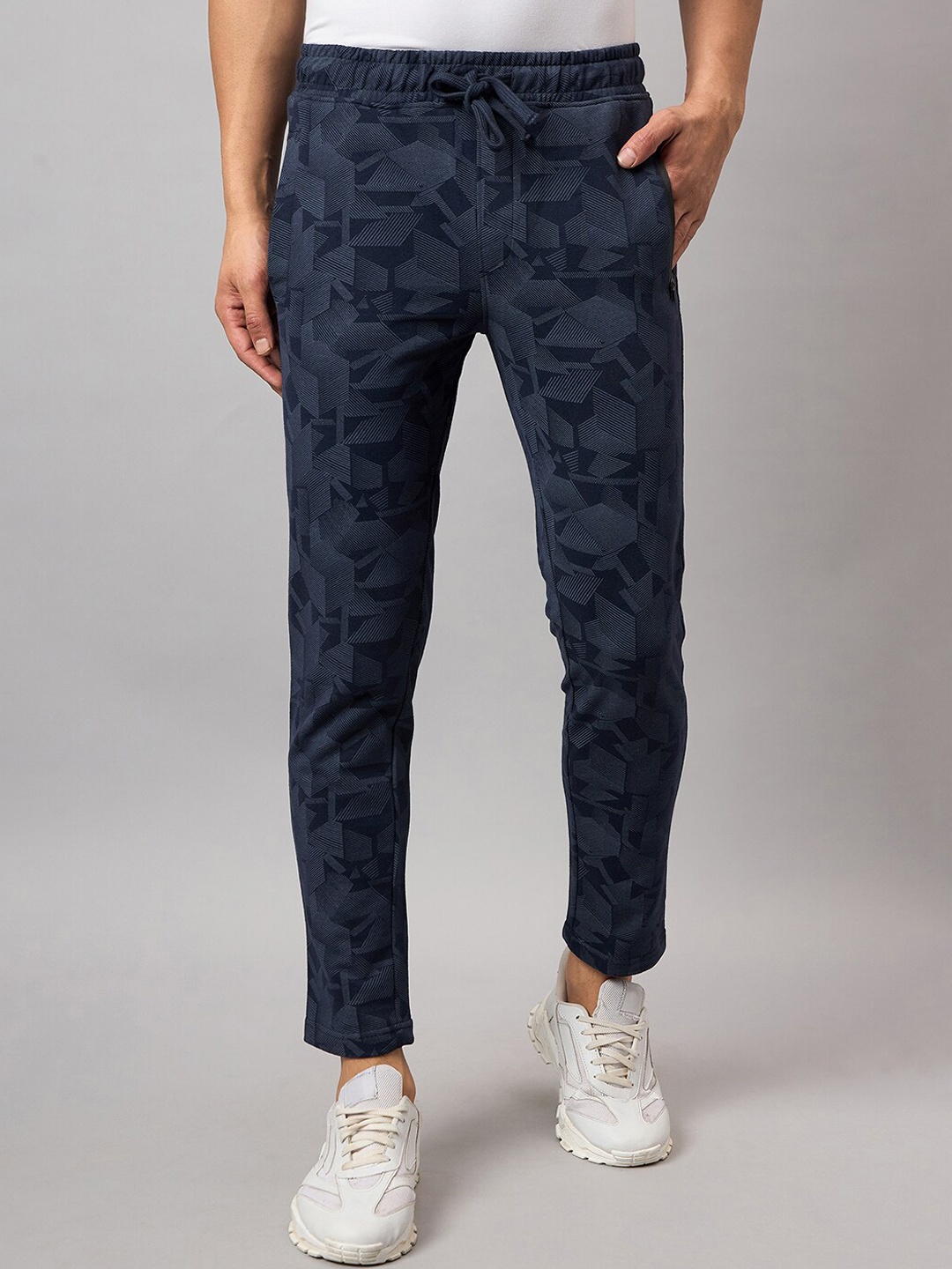 

Club York Men Geometric Printed Cotton Mid Rise Track Pants, Navy blue