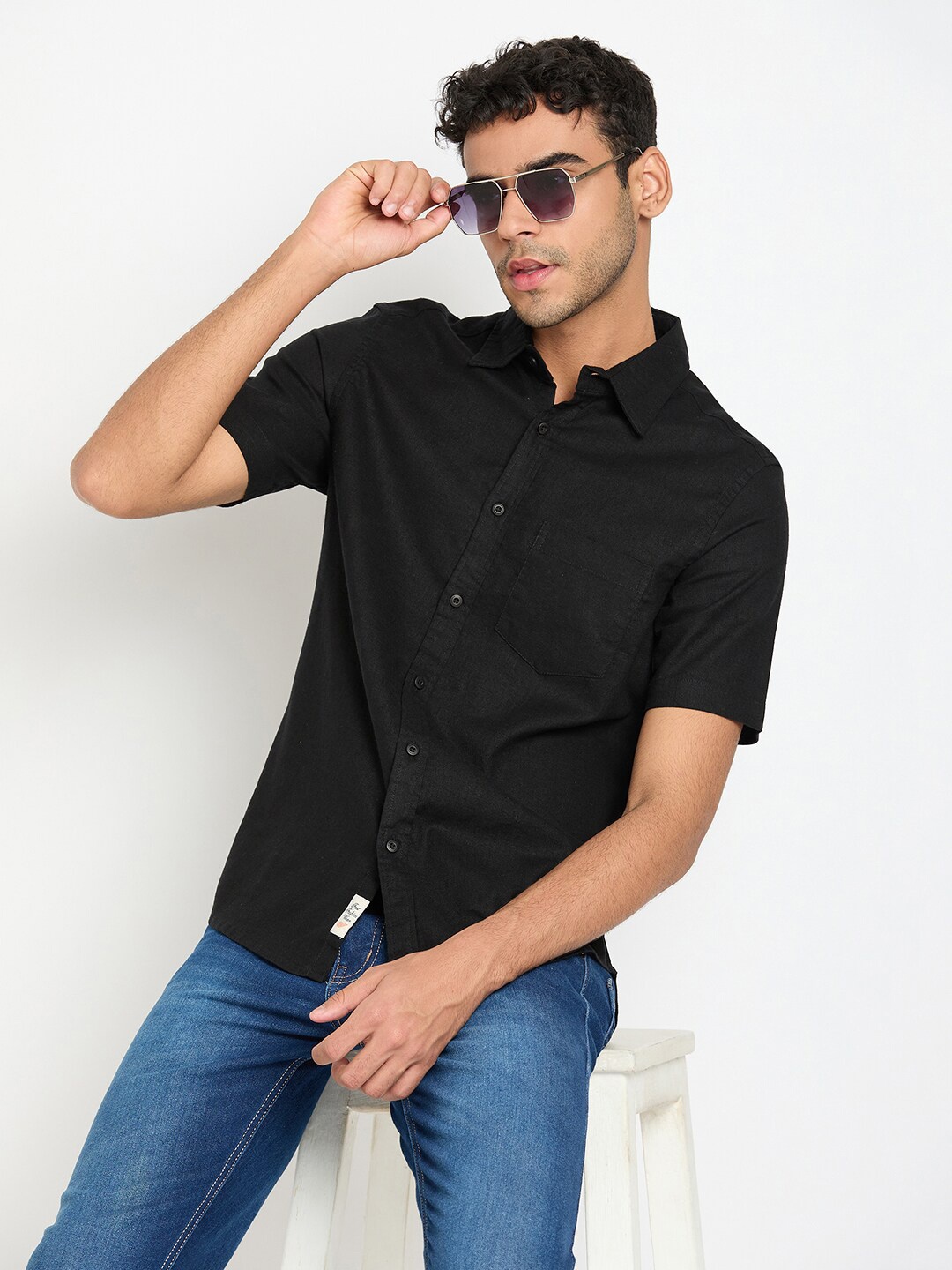 

Club York Spread Collar Short Sleeves Cotton Casual Shirt, Black