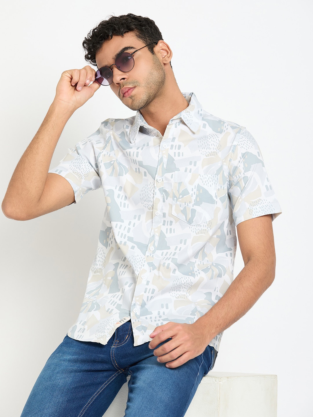 Club York Floral Printed Spread Collar Short Sleeves Cotton Casual Shirt, Grey