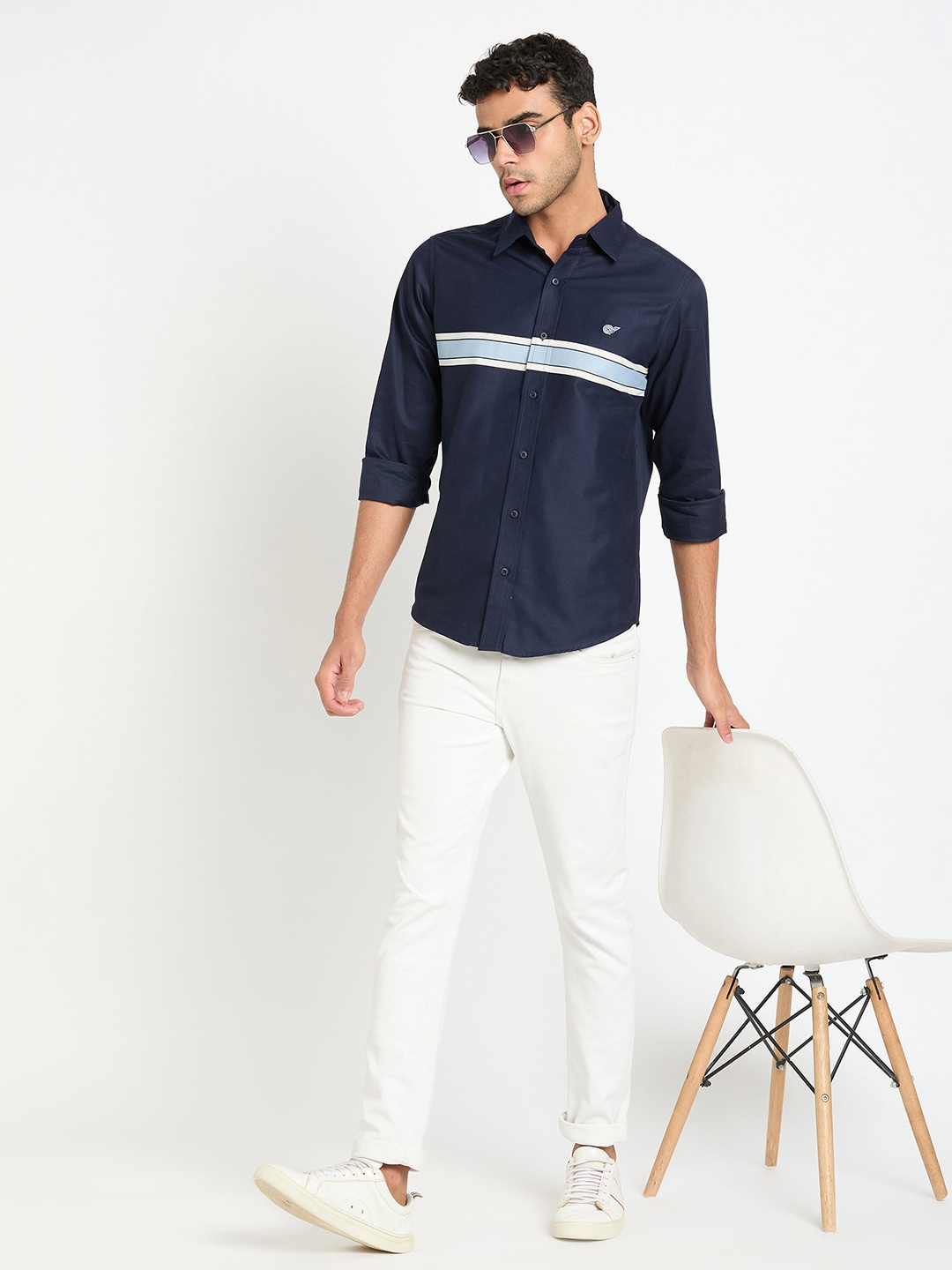 Club York Horizontal Stripes Spread Collar Long Sleeves Cotton Casual Shirt, Navy blue