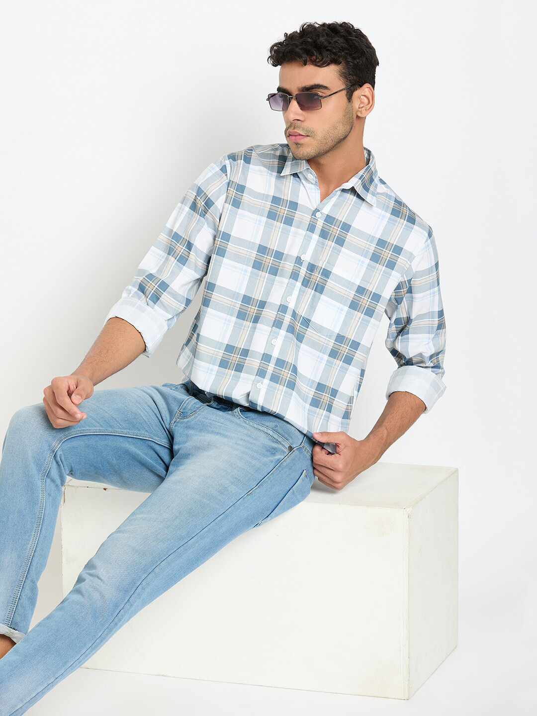 

Club York Checked Spread Collar Long Sleeves Cotton Casual Shirt, Blue