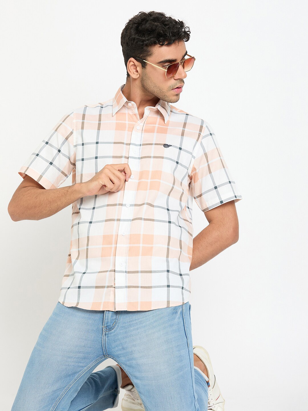 

Club York Tartan Checked Spread Collar Short Sleeves Cotton Casual Shirt, Peach