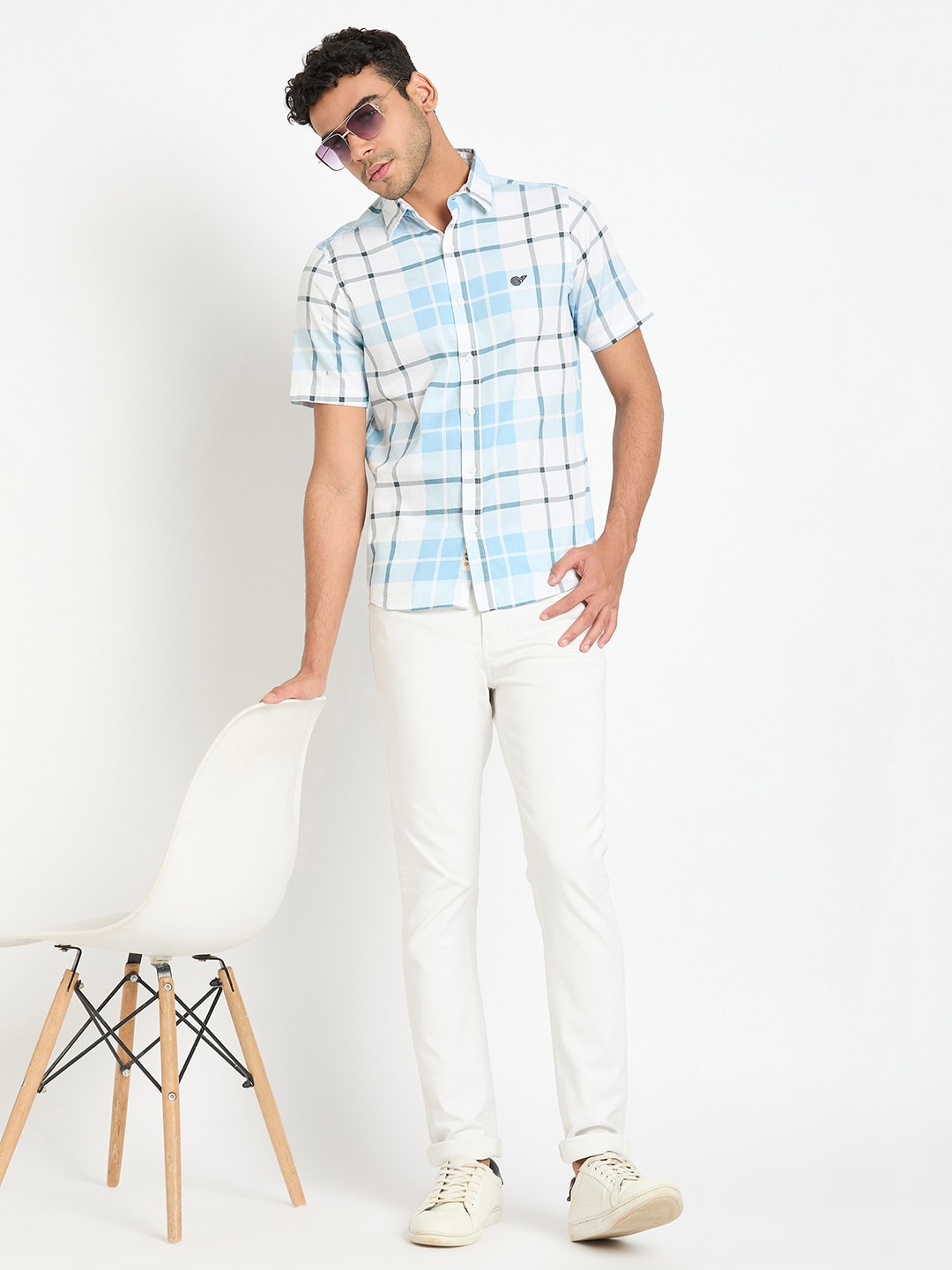 

Club York Tartan Checked Spread Collar Short Sleeves Cotton Casual Shirt, Blue