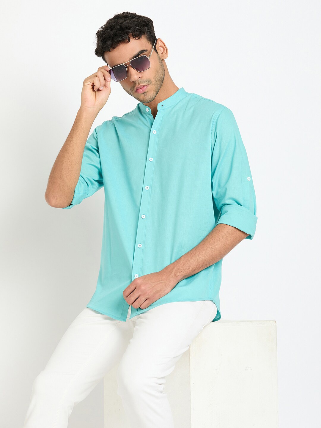 

Club York Mandarin Collar Long Sleeves Cotton Casual Shirt, Blue