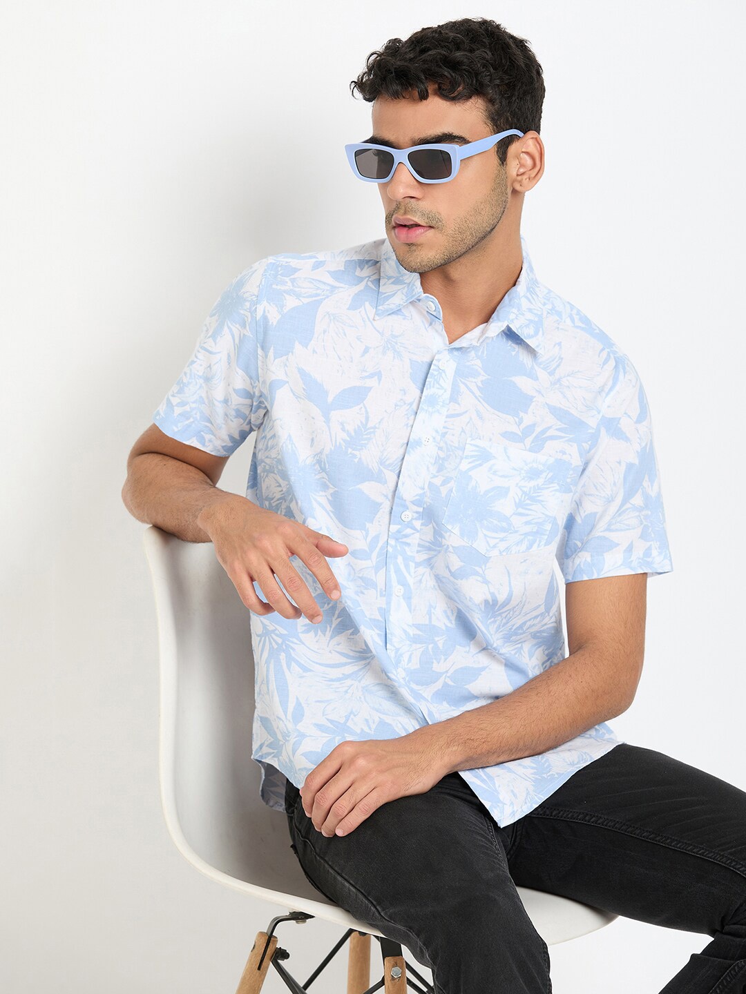 Club York Floral Printed Spread Collar Short Sleeves Cotton Casual Shirt, Blue