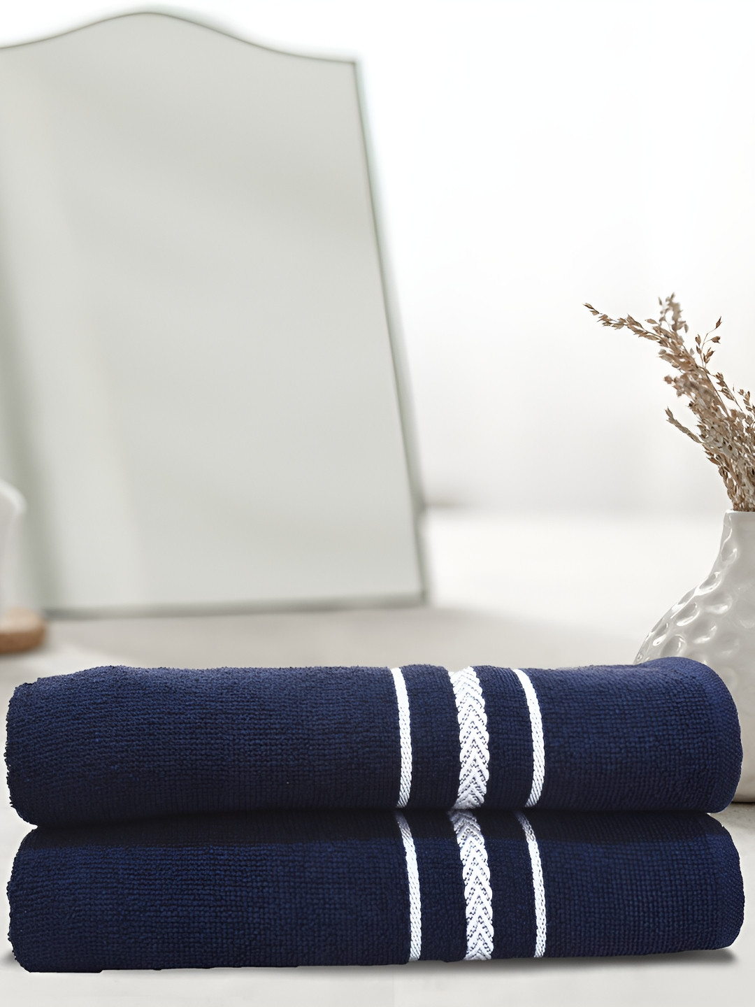 

Athom Living Navy Blue & White 2Pieces Cotton 350 GSM Bath Towels