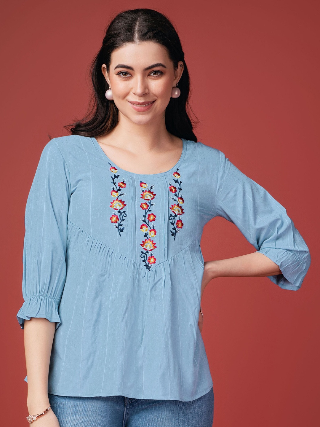 

MOJILAA Women Pure Viscose Rayon Floral Embroidered A-line Top, Blue