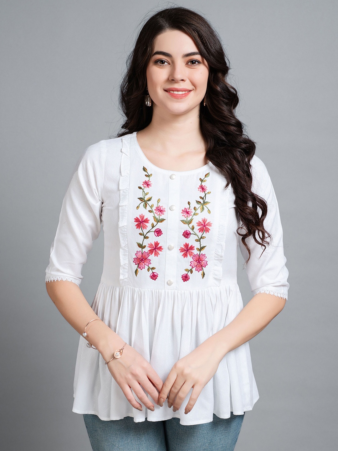 

MOJILAA Women Floral Embroidered Peplum Top, White