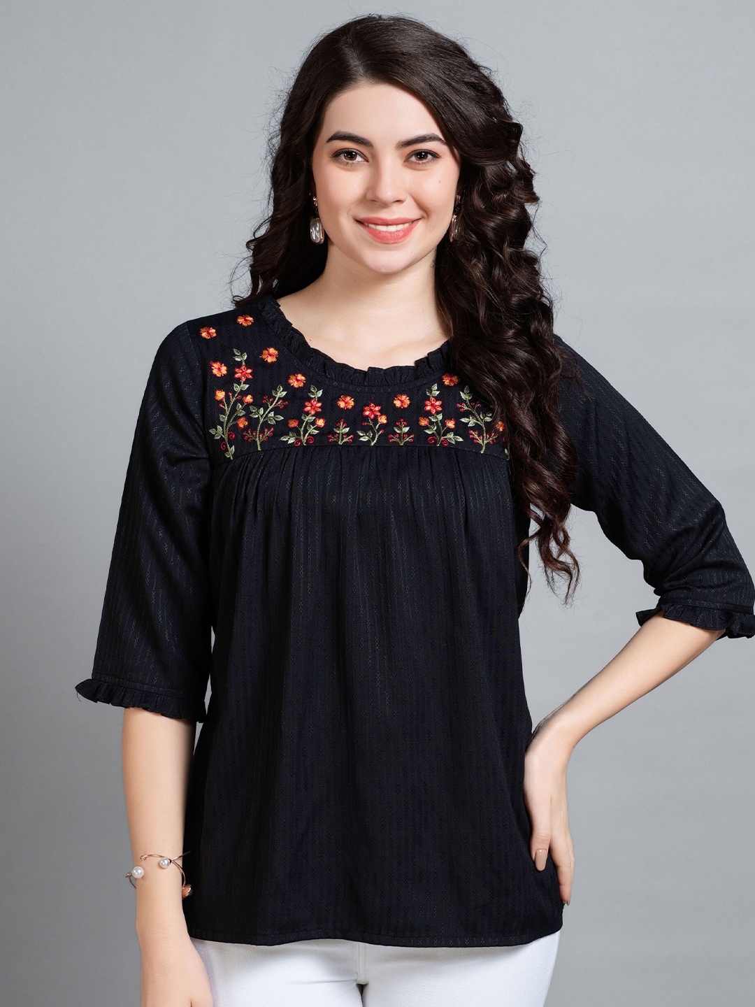 

MOJILAA Floral Embroidered Gathered or Pleated A-Line Top, Black