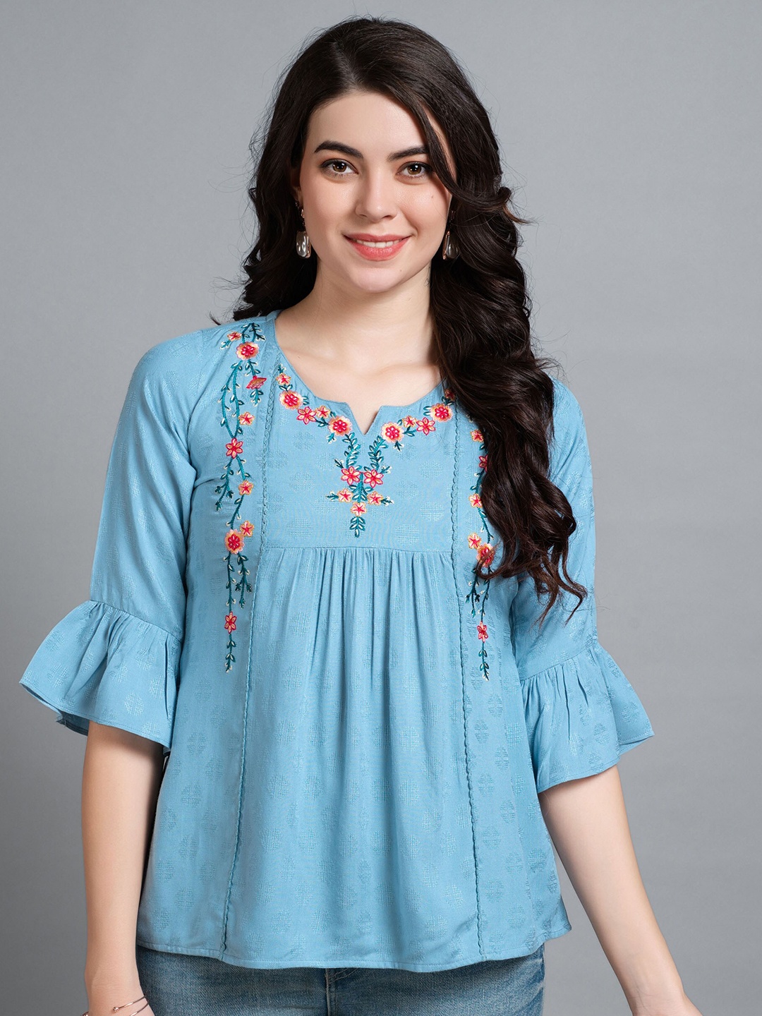 

MOJILAA Floral Embroidered Bell Sleeves A-Line Top, Turquoise blue