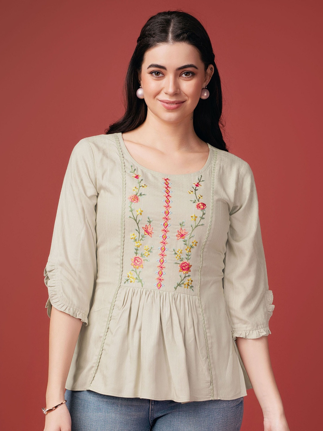 

MOJILAA Floral Embroidered Top, Khaki