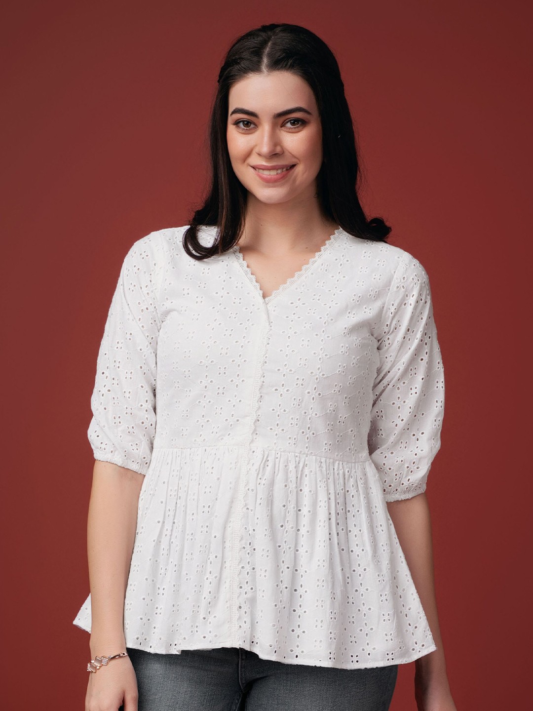 

MOJILAA Self Design Schiffli Peplum Top, White
