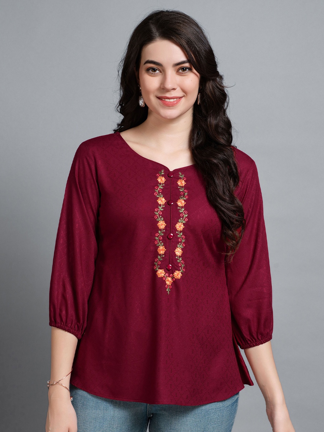 

MOJILAA Floral Embroidered Top, Maroon