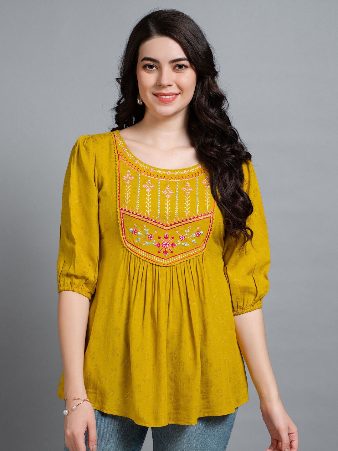 

MOJILAA Ethnic Motifs Embroidered Puff Sleeves A-Line Top, Mustard