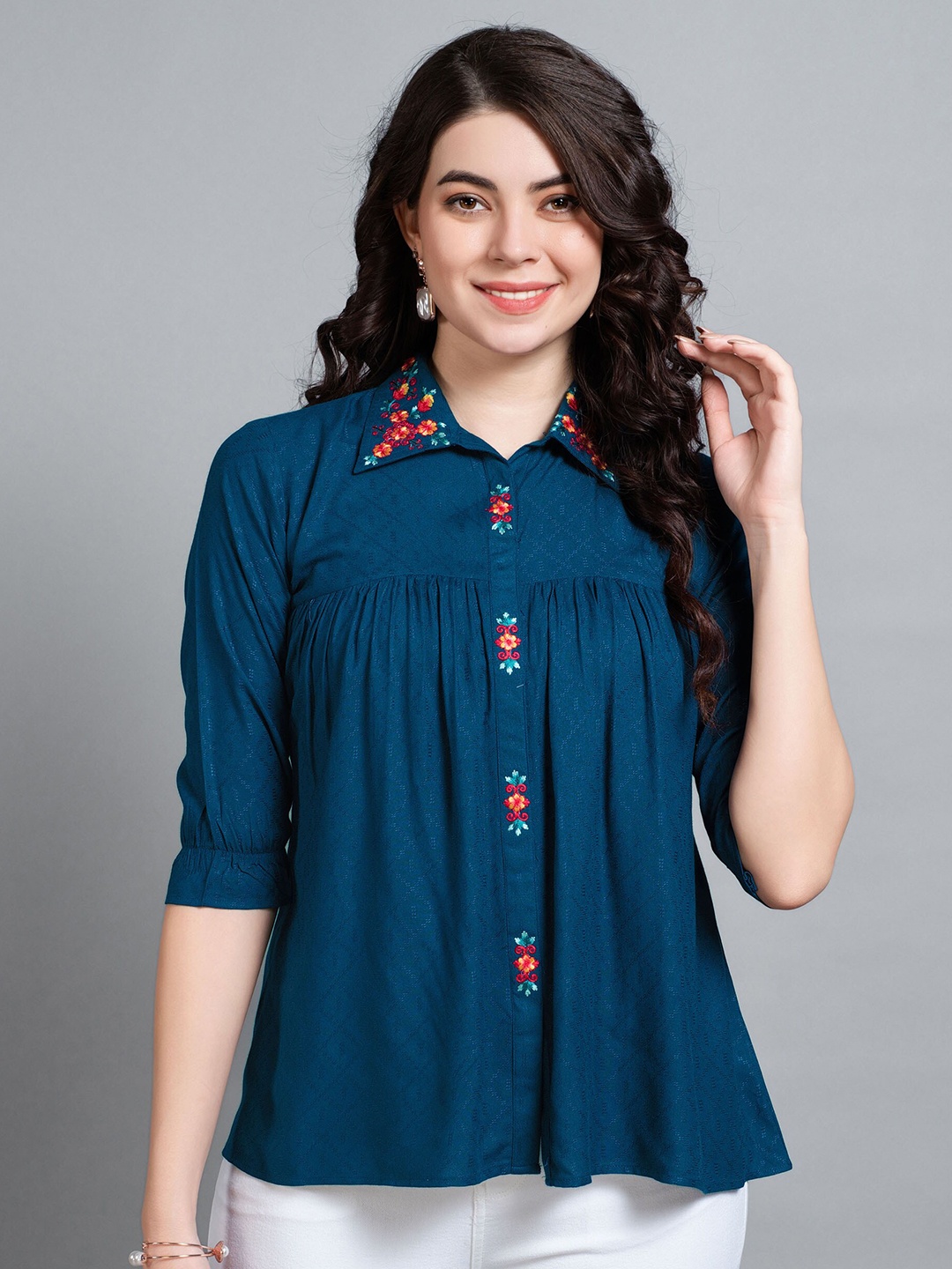 

MOJILAA Shirt Collar Shirt Style Top, Teal