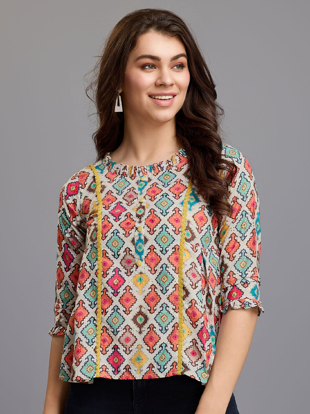 

MOJILAA Geometric Printed Round Neck Lace Inserts Schiffli Top, Multi