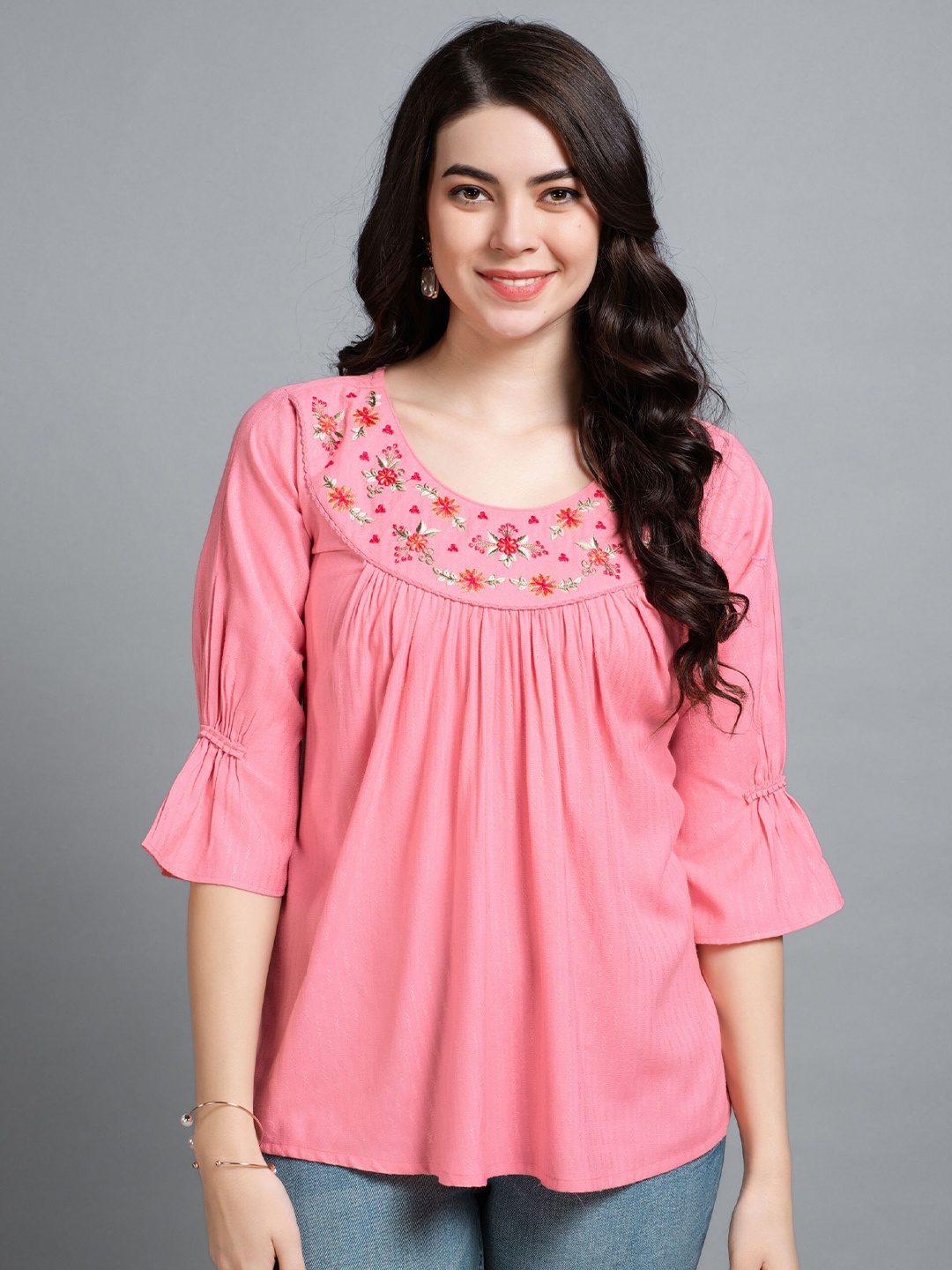 

MOJILAA Scoop Neck Bell Sleeves Gathered or Pleated A-Line Top, Peach