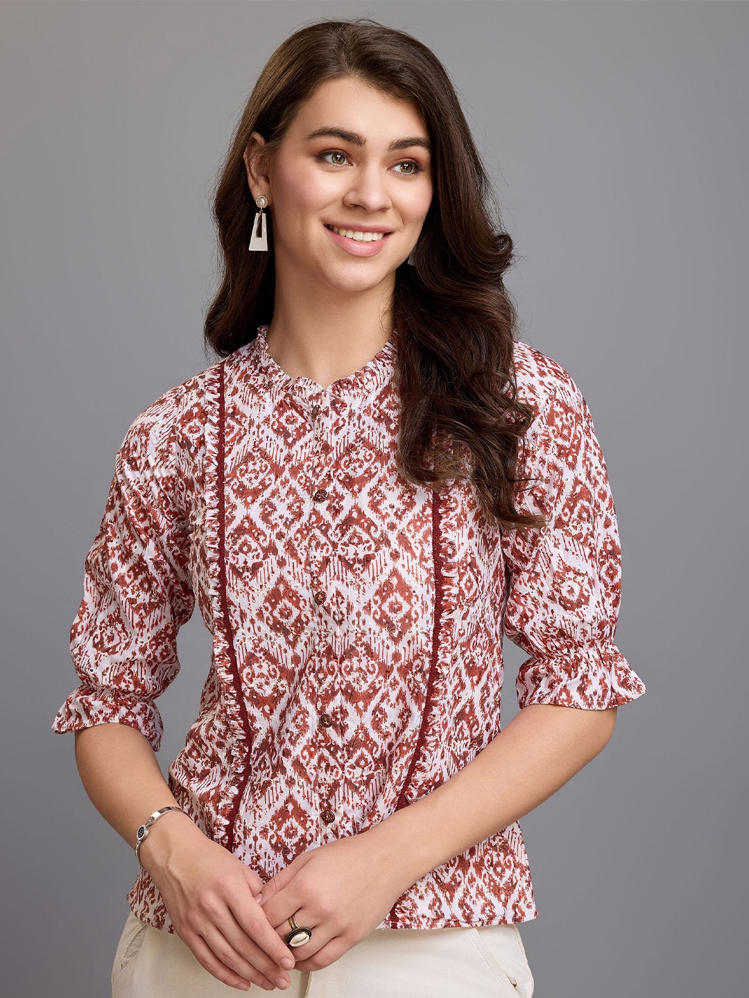 

MOJILAA Women Pure Cotton Blend Ikat Bored Schiffli Embroidered A-line Top, Brown