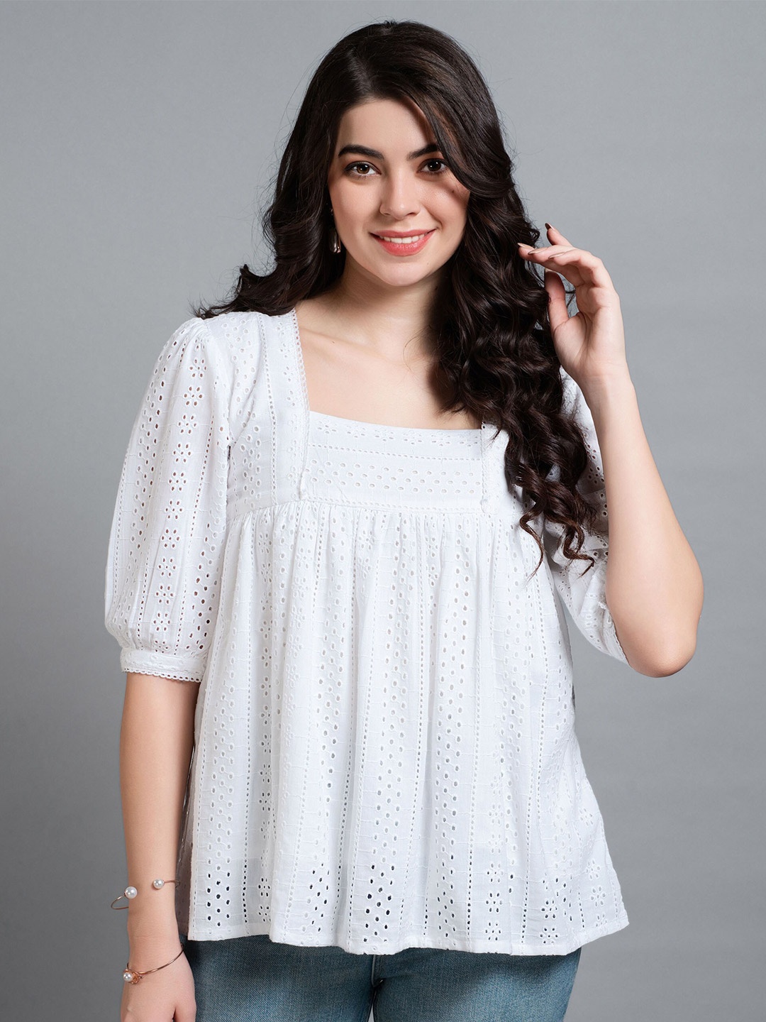 

MOJILAA Self Design Puff Sleeves Square Neck Schiffli A-Line Top, White