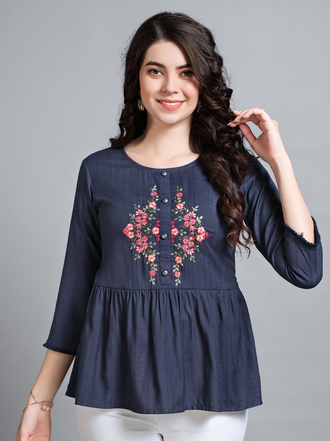

MOJILAA Women's Navy Blue Pure Viscose Rayon Floral Embroidered Peplum Top