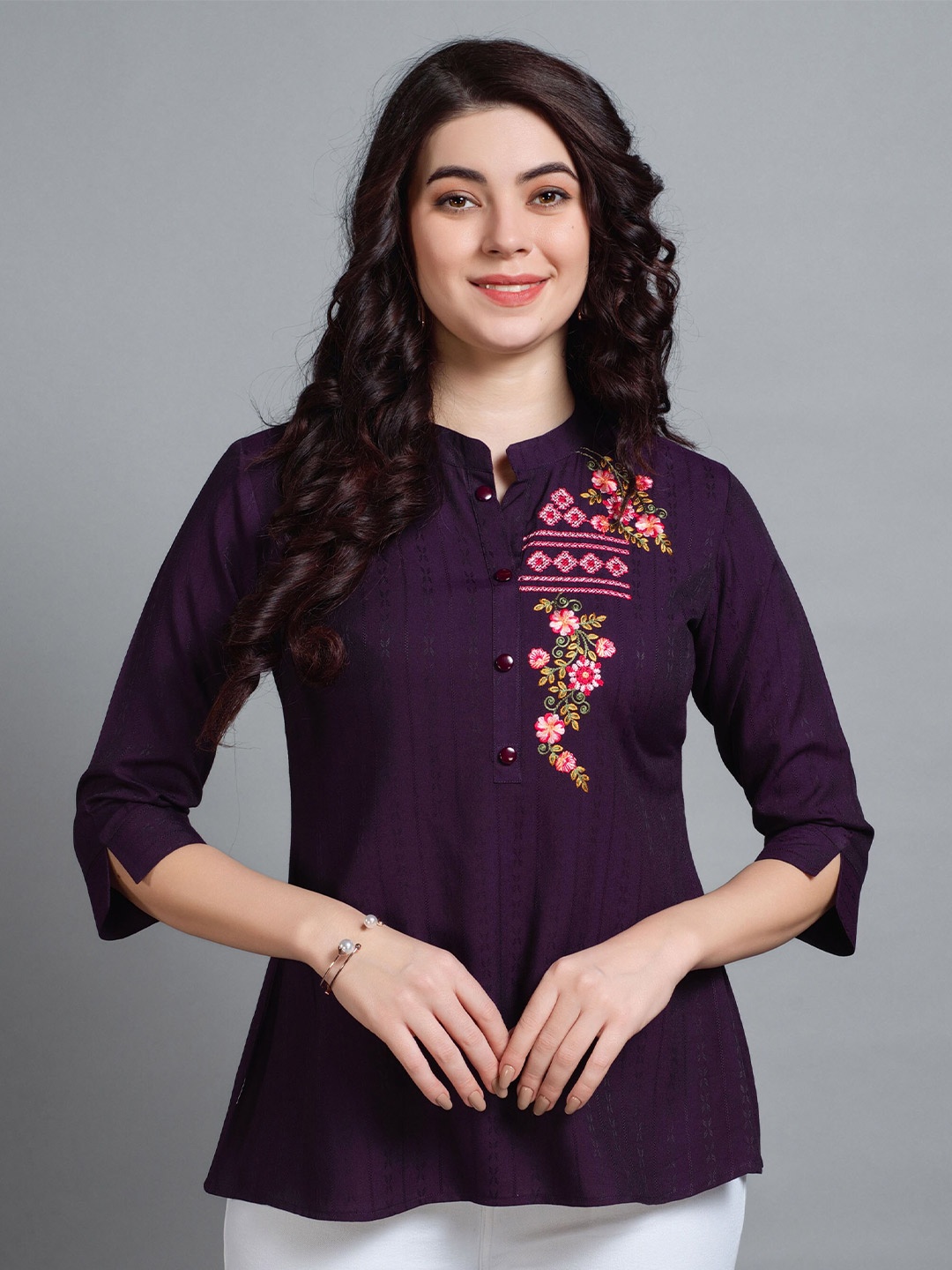 

MOJILAA Pure Viscose Rayon Floral Embroidered A-line Top, Burgundy