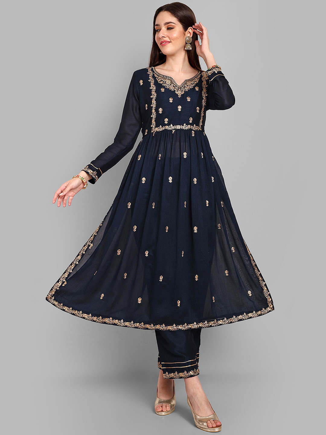 

J.KANJI Floral Embroidered Notched Neck Anarkali Pleated Zardozi Kurta & Trousers, Navy blue