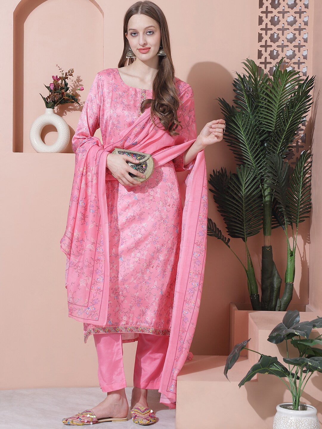 

Stylee LIFESTYLE Floral Printed Satin Unstitched Dress Material, Pink