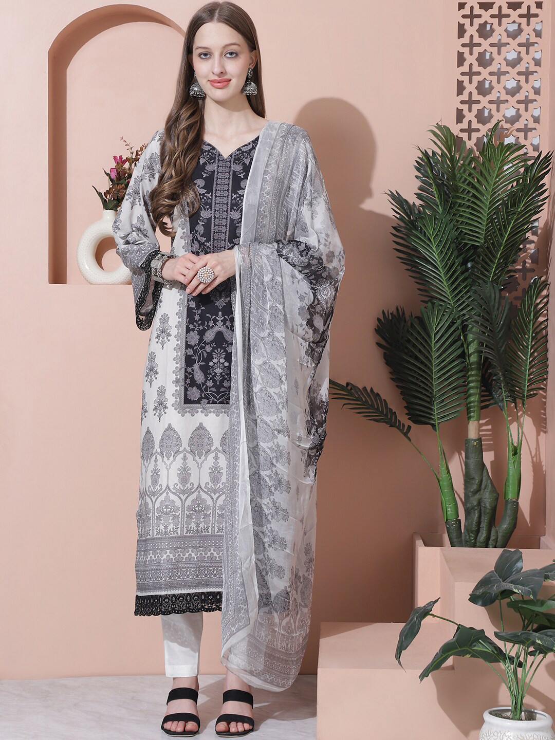 

Stylee LIFESTYLE Floral Printed Pure Cotton Unstitched Dress Material, Off white