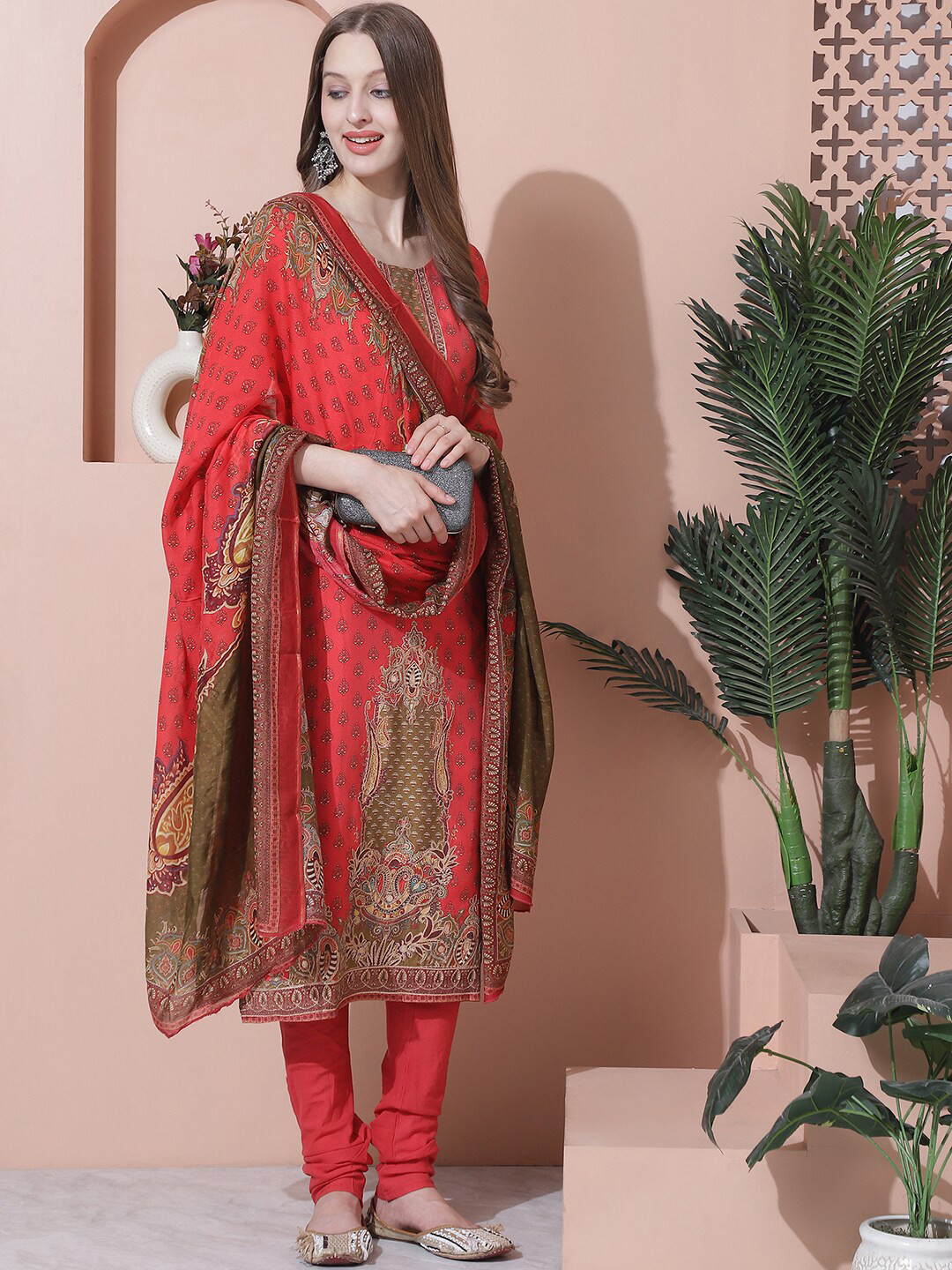 

Stylee LIFESTYLE Floral Printed Pure Silk Unstitched Dress Material, Coral