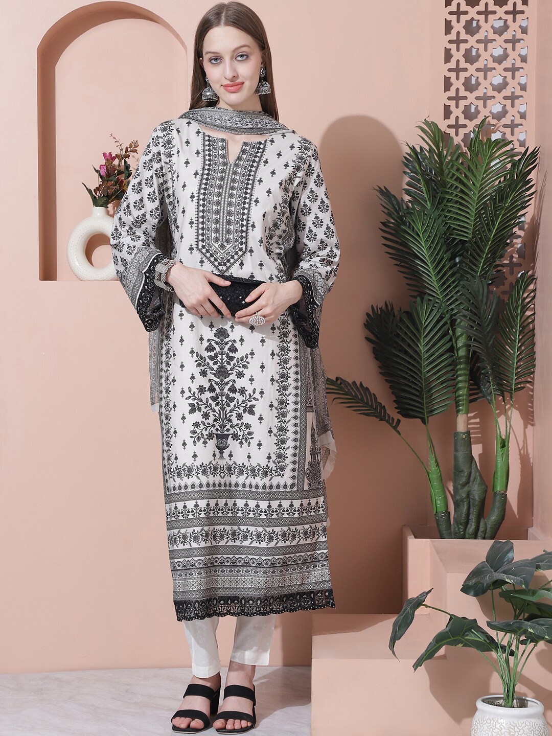 

Stylee LIFESTYLE Floral Embroidered Pure Cotton Unstitched Dress Material, Off white