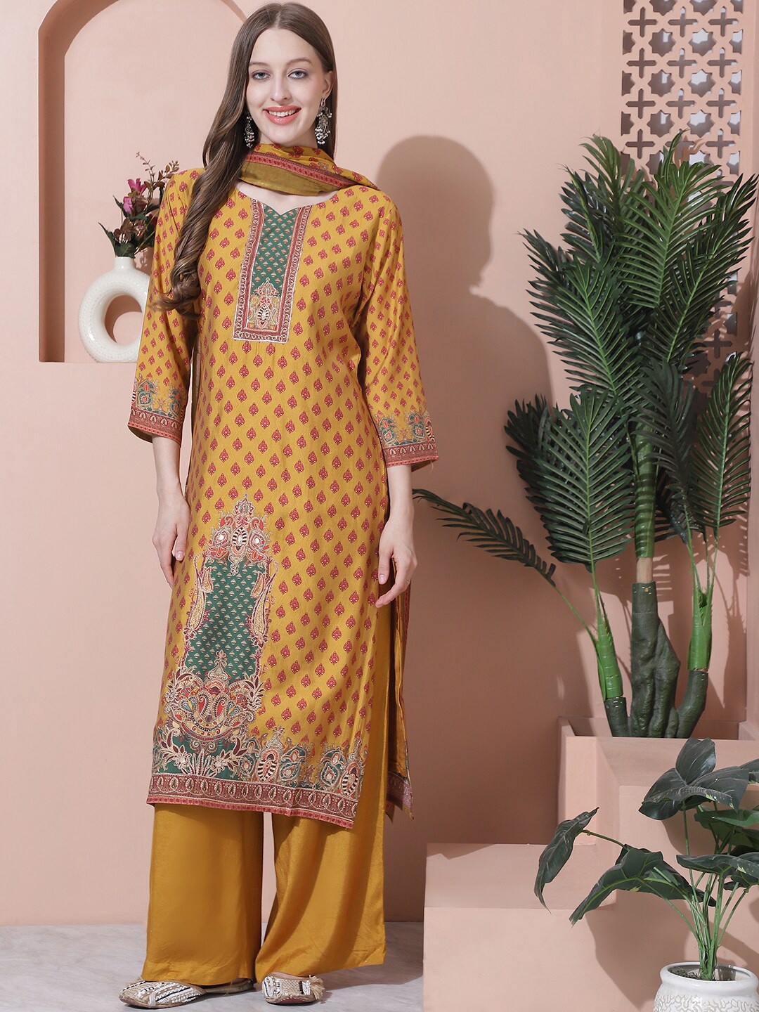 

Stylee LIFESTYLE Floral Printed Pure Silk Unstitched Dress Material, Mustard