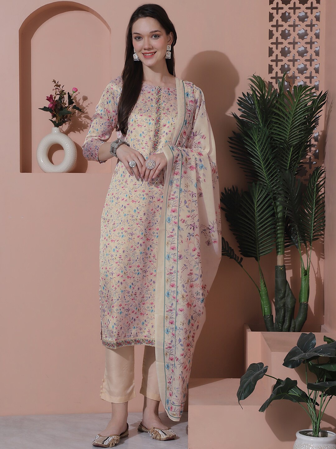 

Stylee LIFESTYLE Floral Printed Satin Unstitched Dress Material, Cream