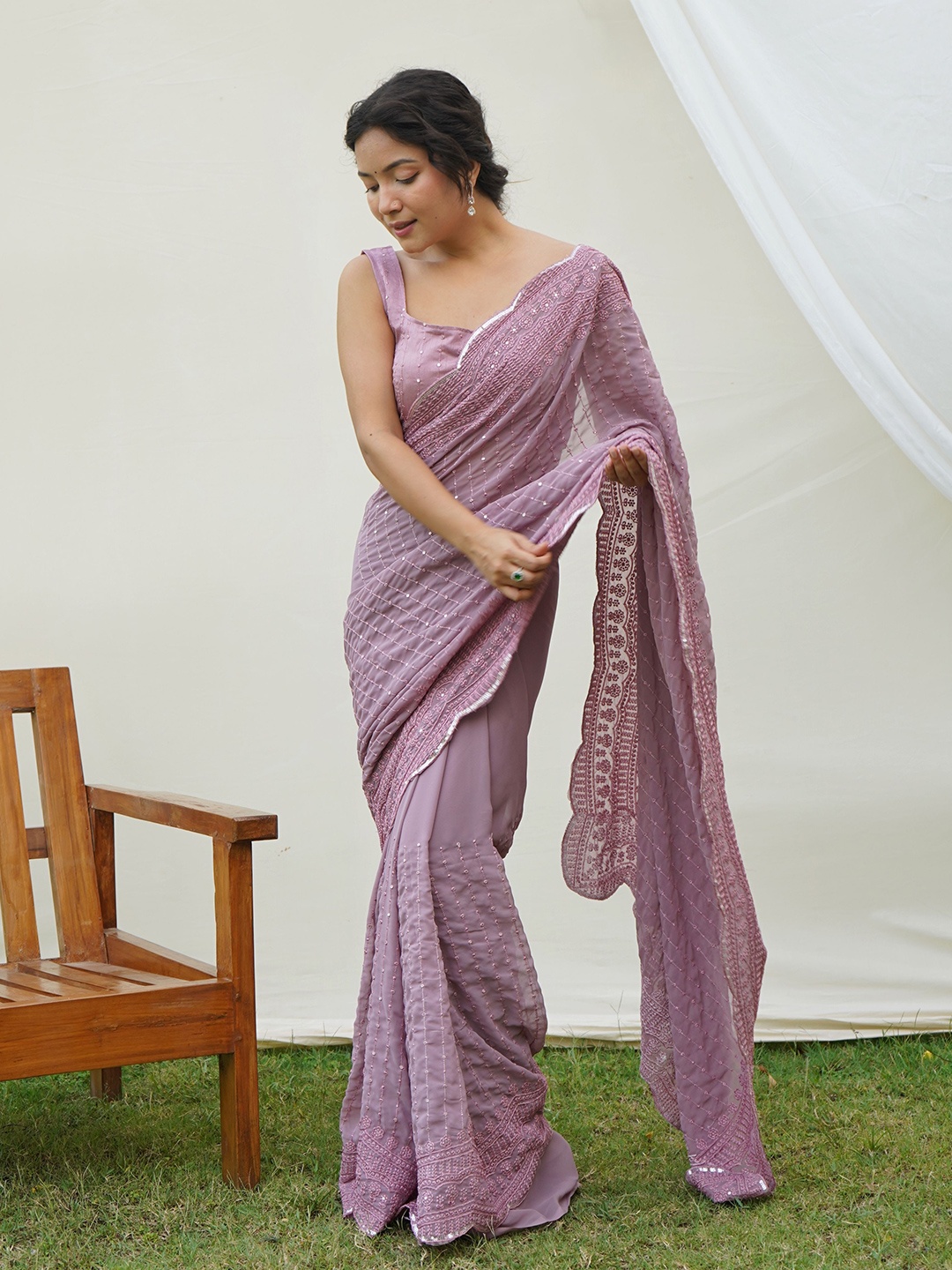 

Mitera Ethnic Motifs Mirror Work Saree, Purple