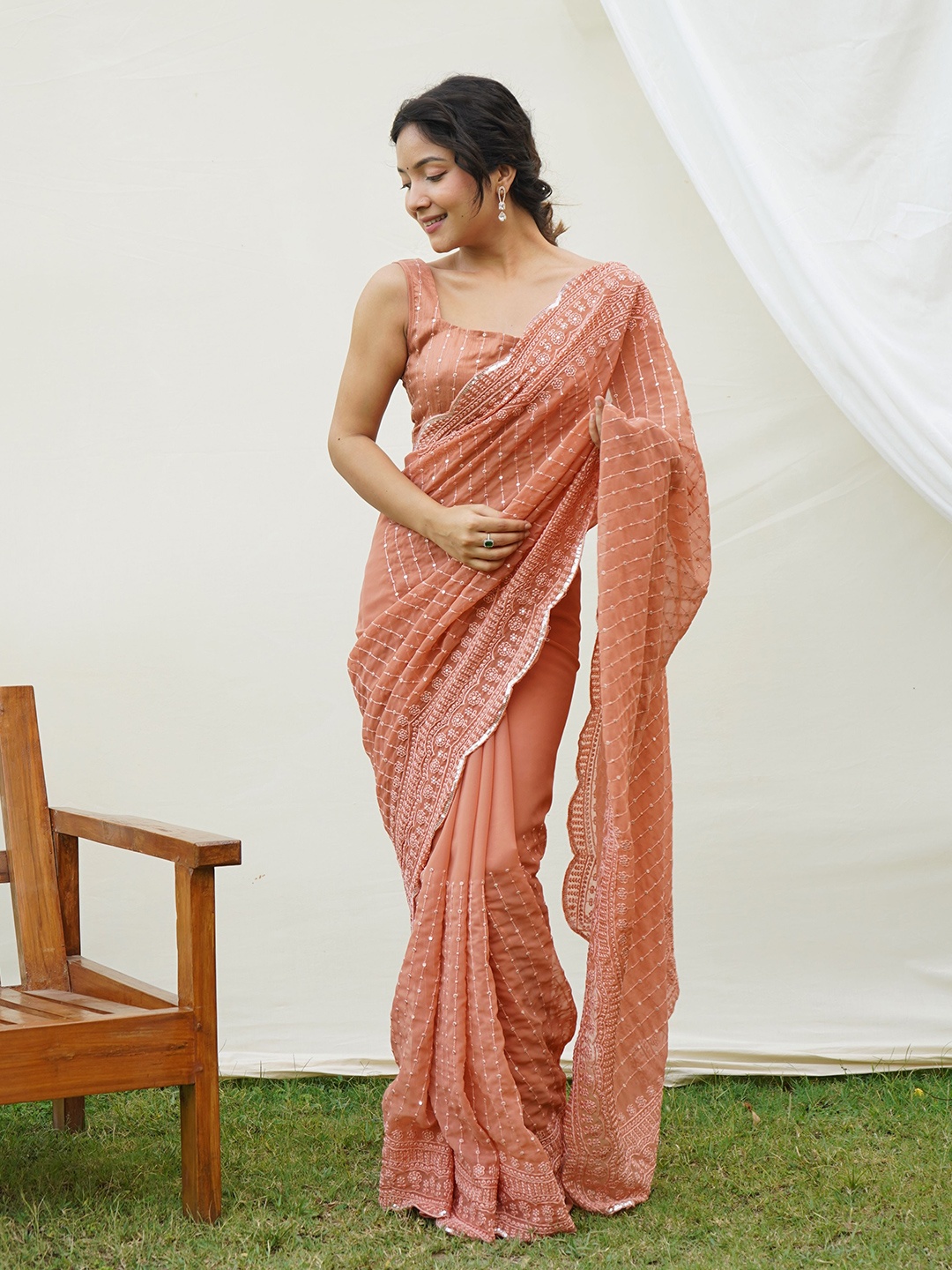 

Mitera Striped Sequinned Pure Georgette Saree, Brown