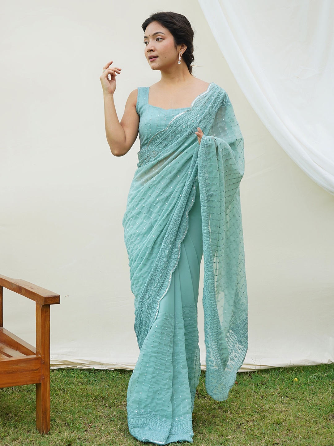 

Mitera Ethnic Motifs Embroidered Mirror Work Pure Georgette Saree, Teal