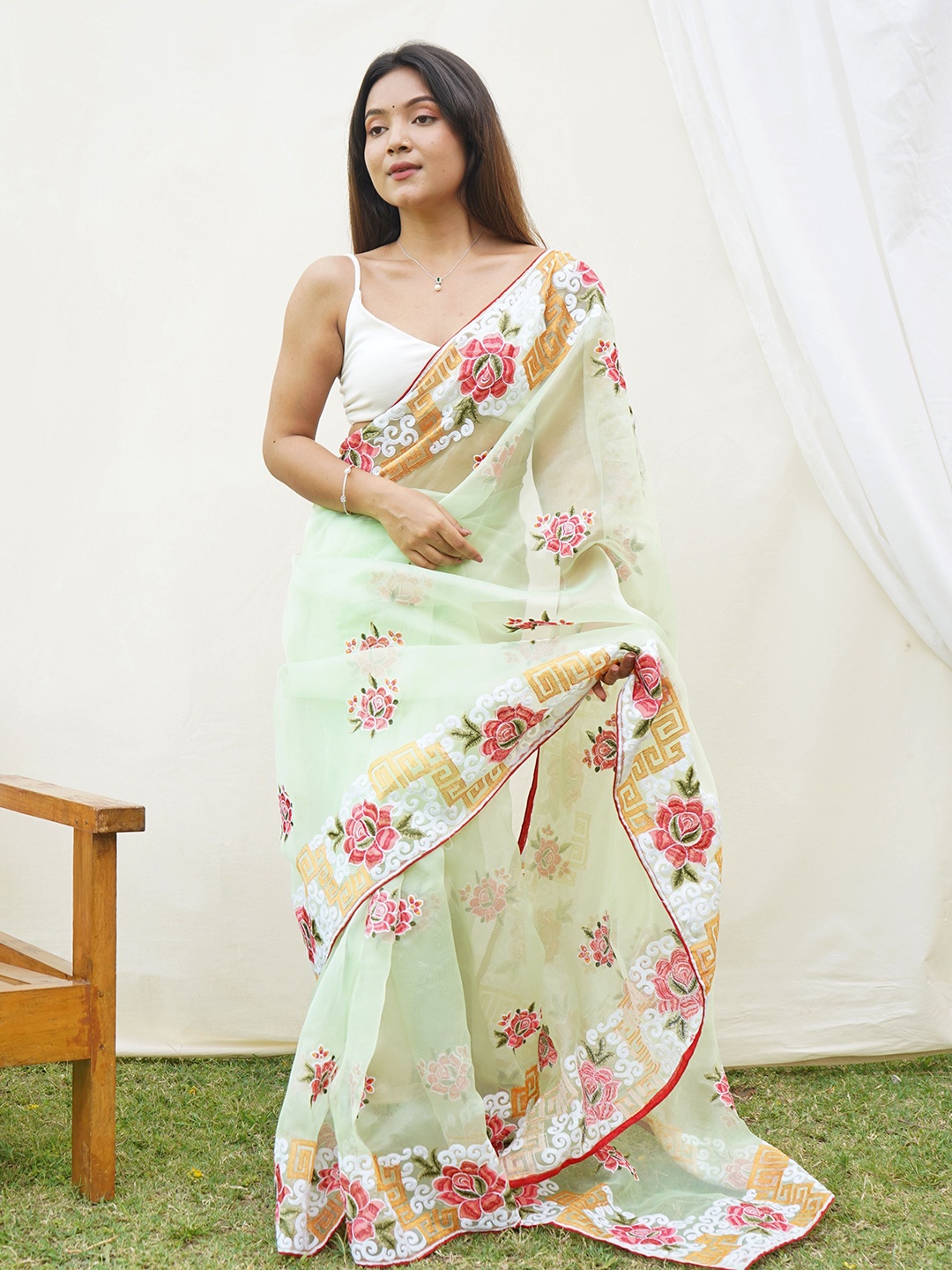 

Mitera Floral Organza Saree, Green