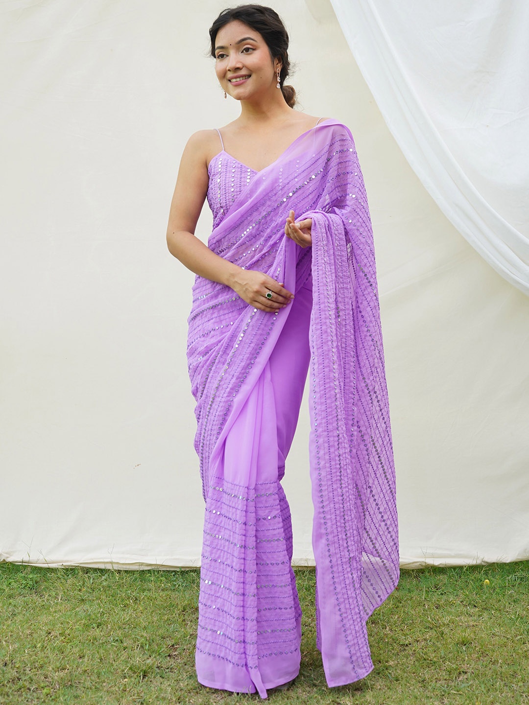 

Mitera Embellished Sequinned Pure Georgette Saree, Lavender