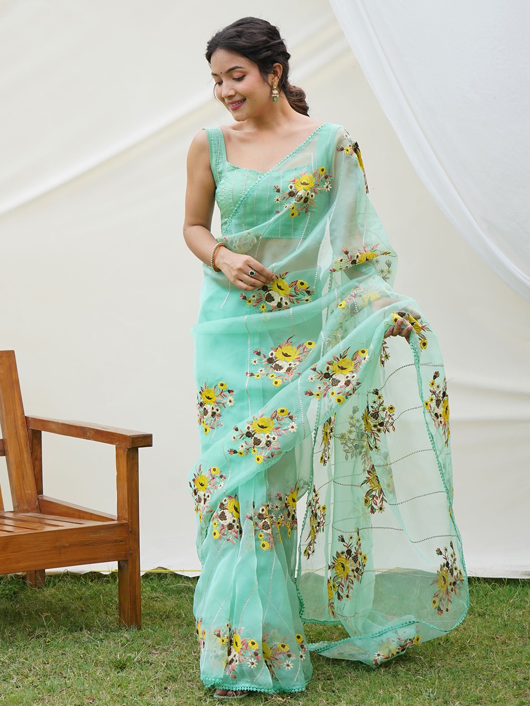 

Mitera Floral Embroidered Saree, Yellow