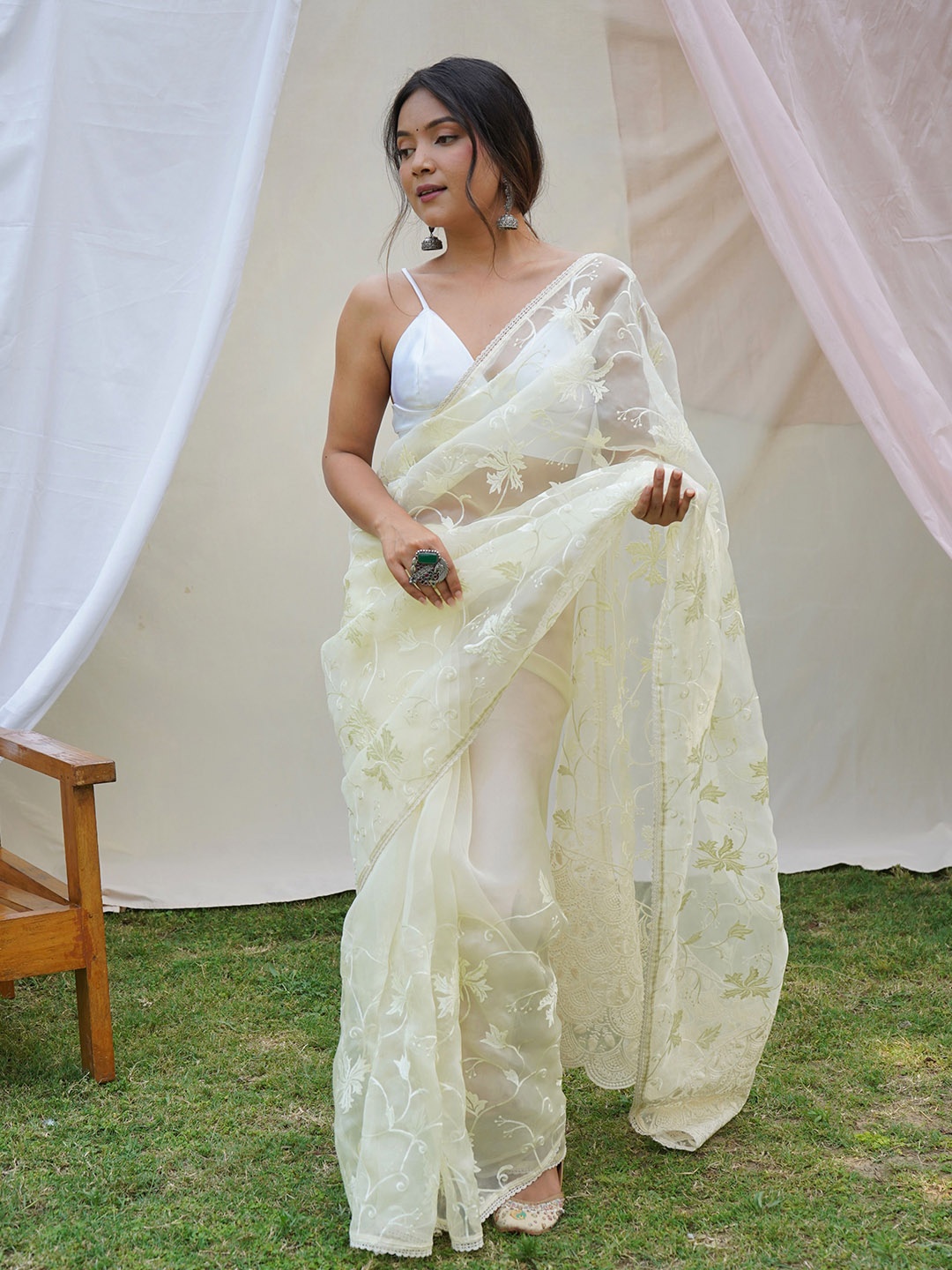 

Mitera Floral Embroidered Organza Saree, Yellow